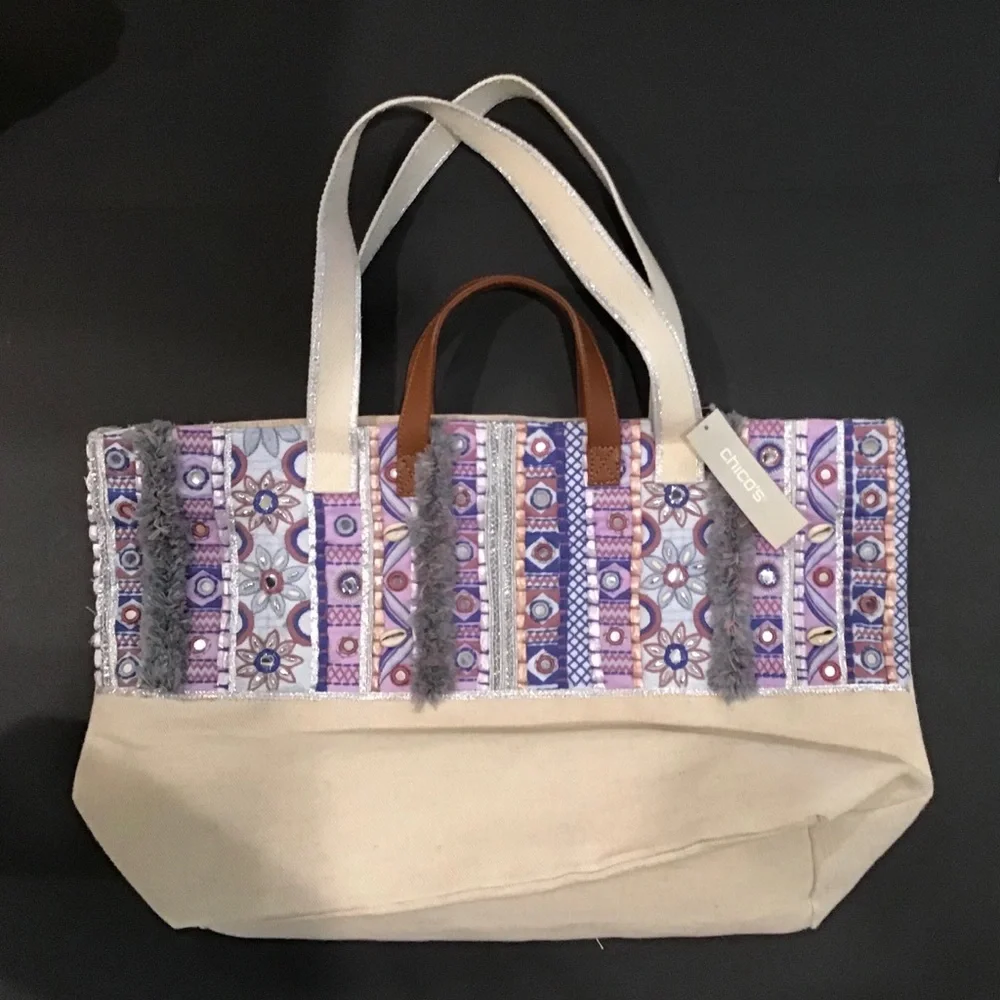 NWT Chico’s Embellished Canvas Beach Bag/Tote